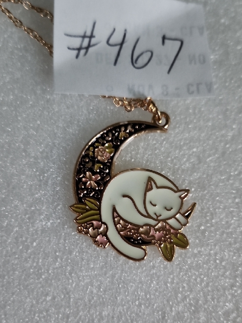 Hand Crafted Gold-Tone Crescent Moon Necklace with White Cat and Pink Flowers - Picture 7 of 7